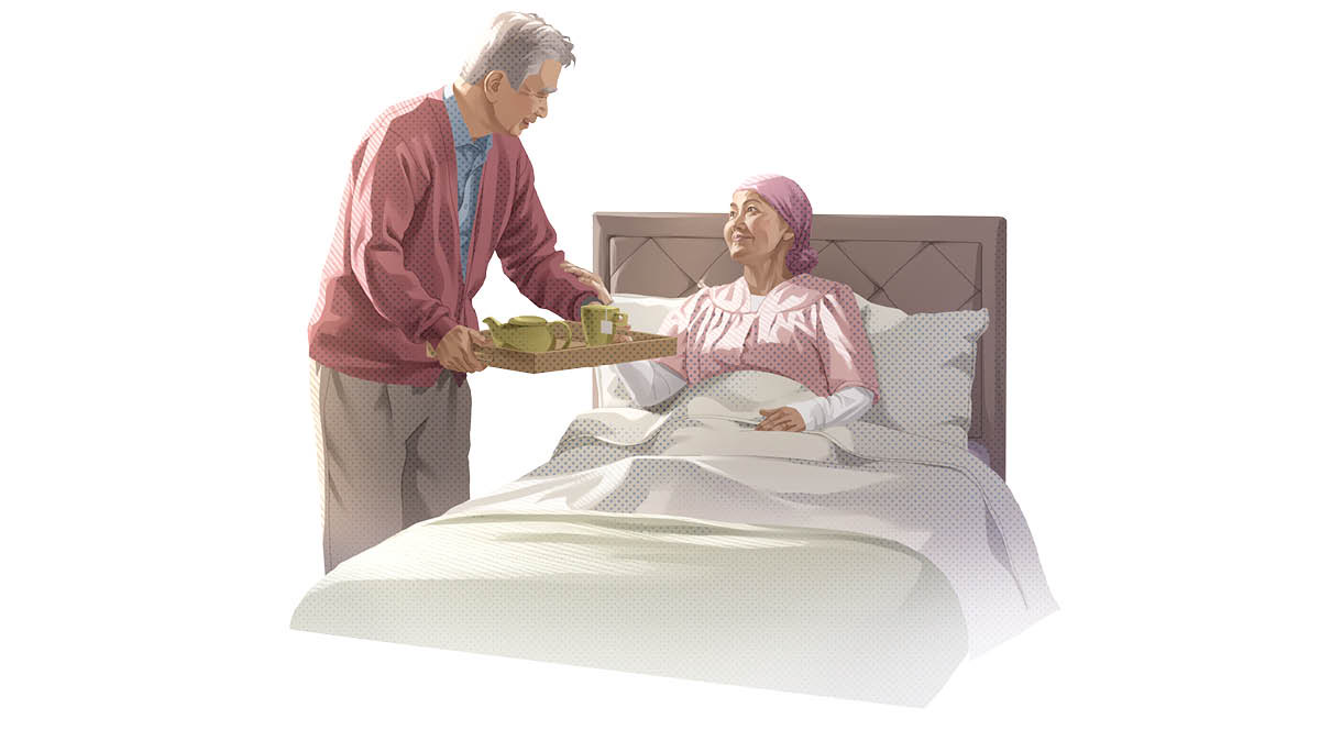 Un marito porta del tè alla moglie, che è a letto malata.