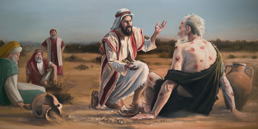 Eliu si rivolge a Giobbe mentre Elifaz, Bildad e Zofar guardano