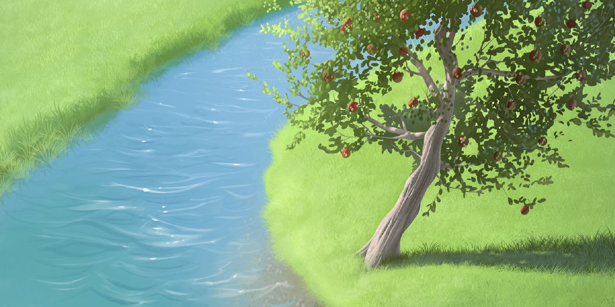 Un albero vicino a un corso d’acqua porta frutto