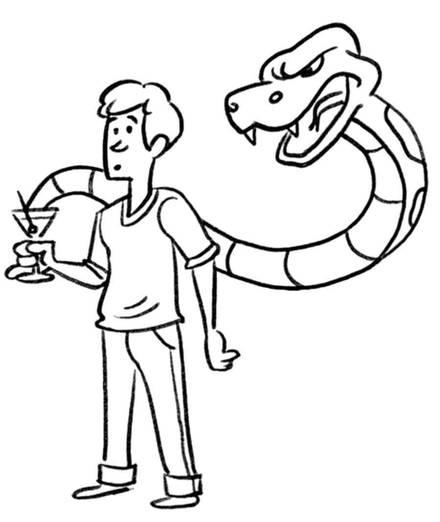 Una scena del video “Alcol: pensaci bene prima”. Un serpente esce da un drink alcolico che un uomo sta tenendo in mano.
