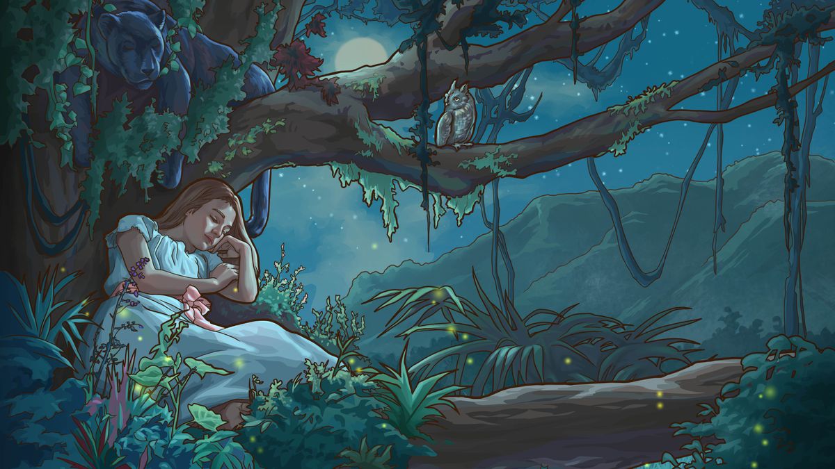 Durante la notte una ragazza dorme tranquilla sotto un albero in una foresta. Una pantera riposa su un ramo sopra di lei.