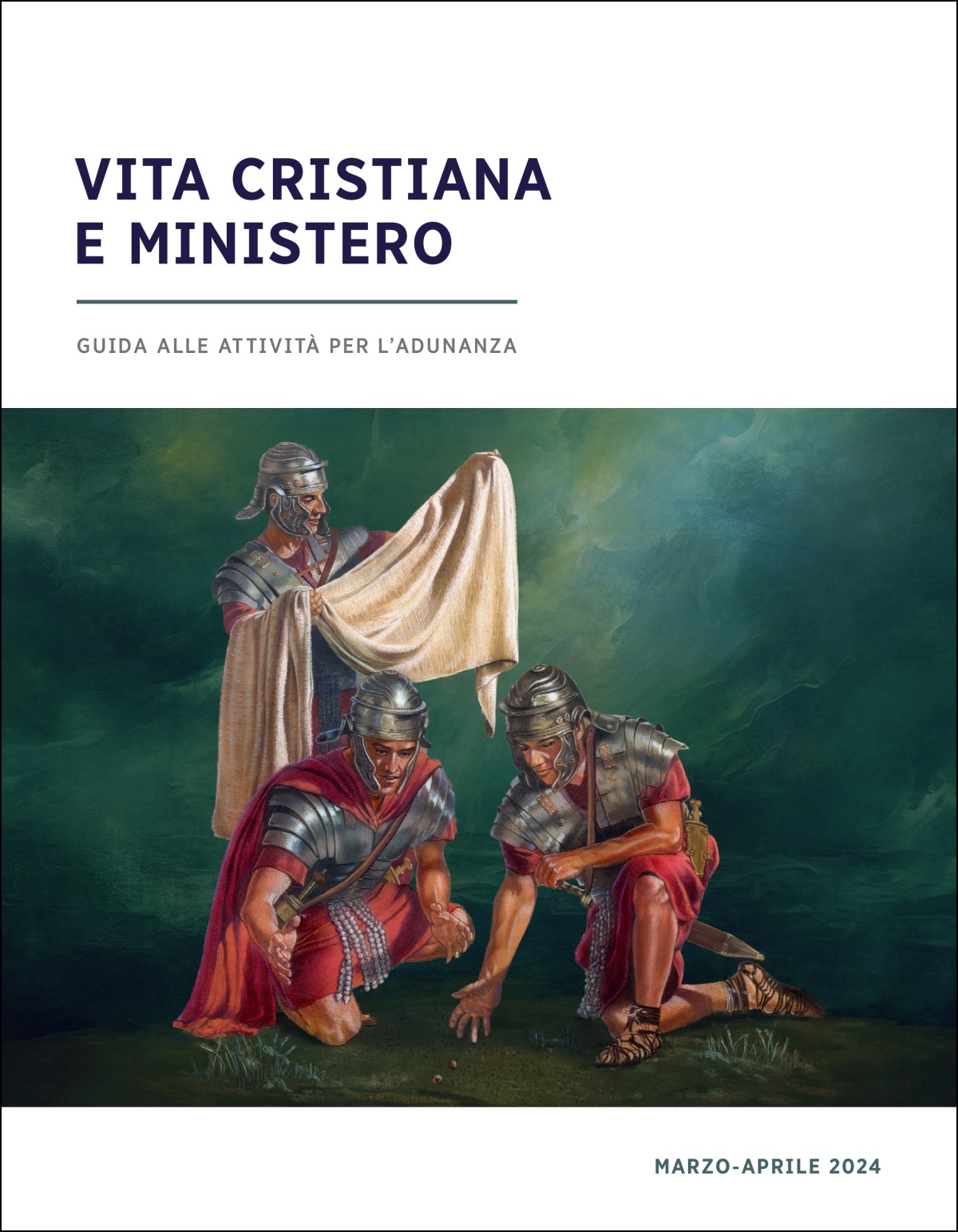 Un soldato romano osserva le vesti di Gesù mentre altri due soldati tirano a sorte per spartirsele.