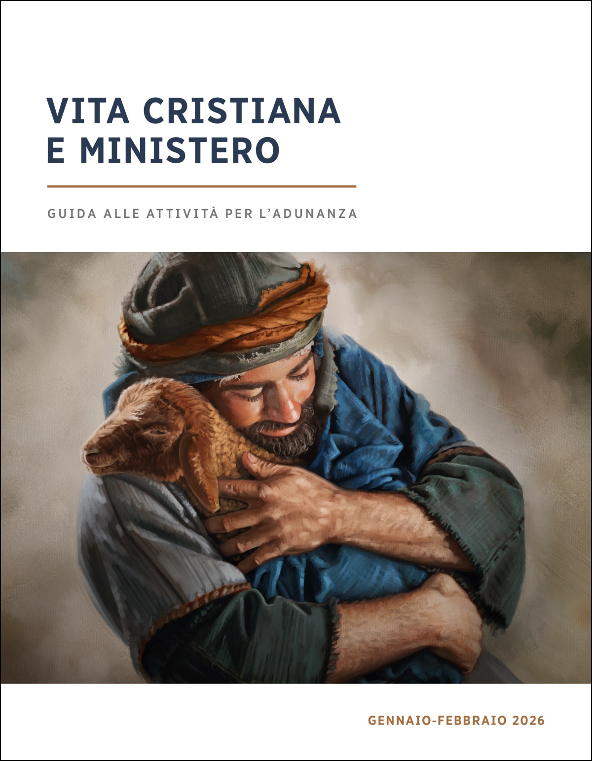 Un pastore tiene affettuosamente tra le braccia un agnellino.