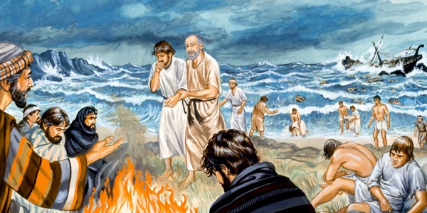 Paolo e gli altri sopravvissuti al naufragio che raggiungono la riva dell’isola di Malta