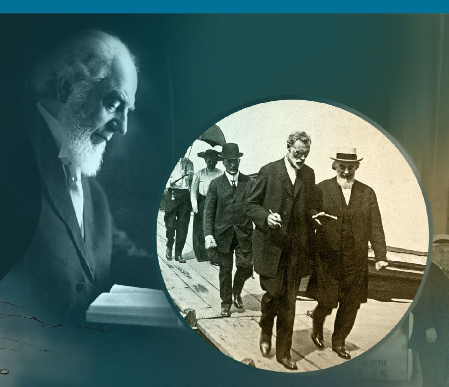 Collage: 1. Charles Taze Russell che legge la Bibbia. 2. Charles Taze Russell con alcuni dei suoi collaboratori.