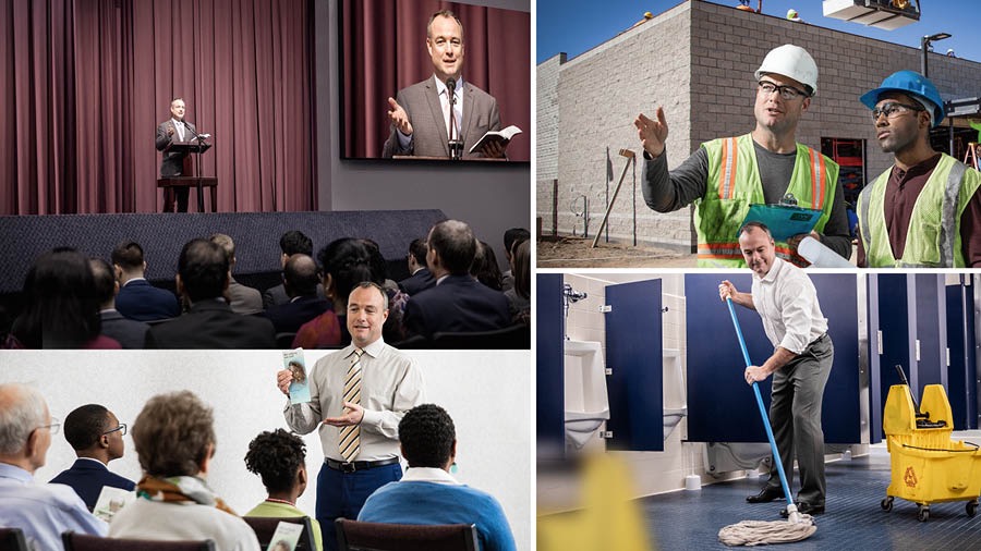 Collage: Un anziano partecipa a diverse attività. 1. Pronuncia un discorso a un congresso di zona. 2. Partecipa alla costruzione di una Sala del Regno e dà istruzioni a un altro fratello. 3. Conduce un’adunanza per il servizio di campo. 4. Lava il pavimento dei bagni della Sala del Regno.