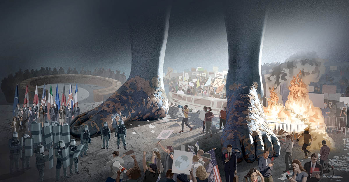 I piedi di ferro e argilla della statua enorme della visione di Daniele. Tra i piedi ci sono persone che protestano fomentando disordini civili, forze dell’ordine con dei grossi scudi, leader politici del mondo riuniti e componenti delle Nazioni Unite durante una riunione.
