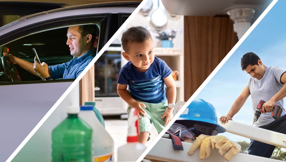 Collage: 1. Un fratello manda un messaggio mentre guida. 2. Un bambino piccolo guarda dei prodotti chimici dentro un mobiletto della cucina. 3. In un cantiere, un fratello usa un trapano senza indossare i dispositivi di protezione.