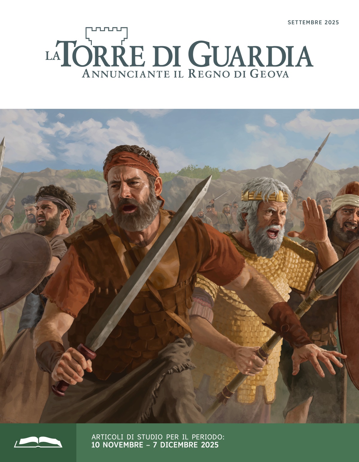 Gionatan, Saul e soldati israeliti sul campo di battaglia combattono con spade, lance e scudi.