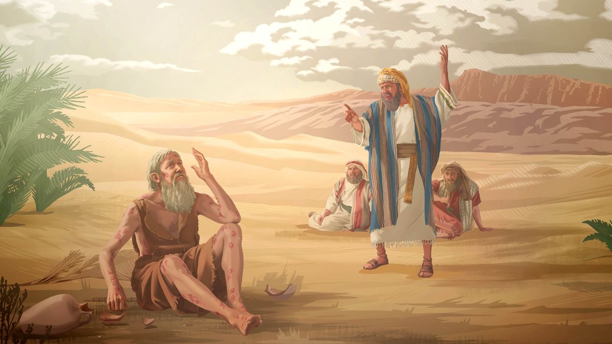 Uno degli amici di Giobbe gli parla in modo aspro mentre gli altri due stanno a guardare. Giobbe, seduto per terra e ricoperto di foruncoli, lo ascolta sofferente.