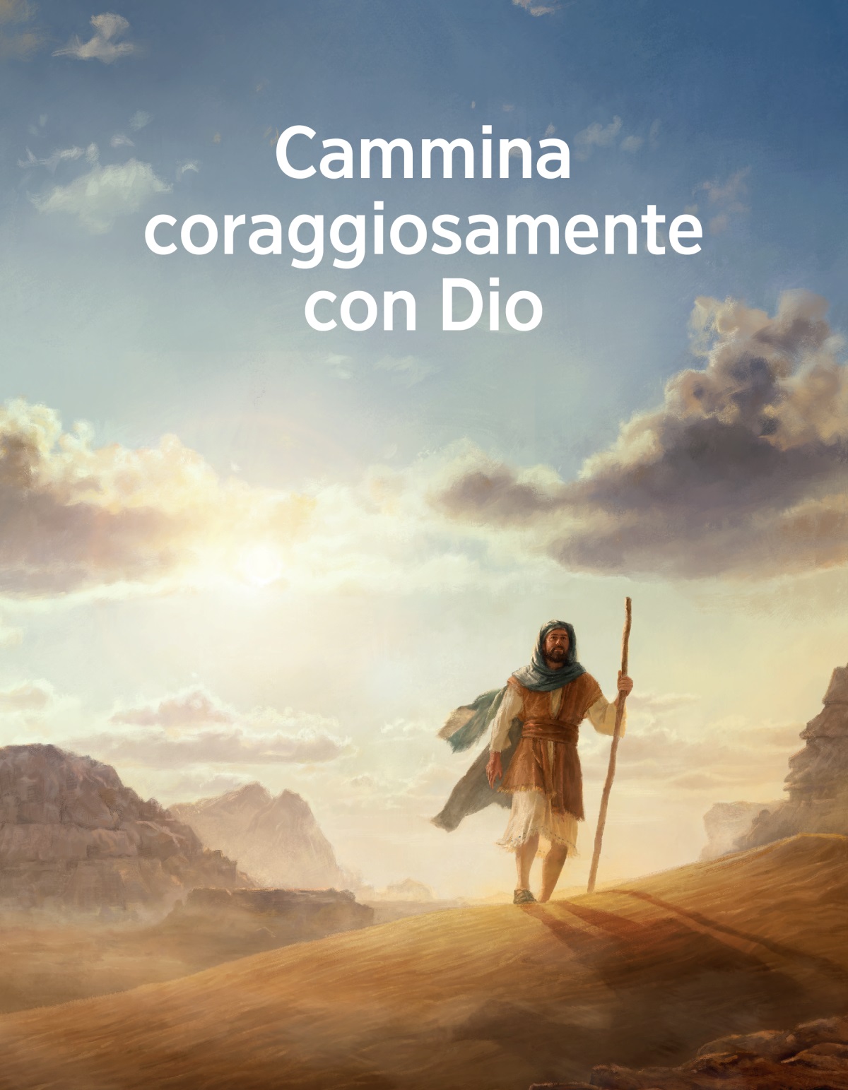 Un uomo dei tempi biblici che cammina in un vasto deserto.