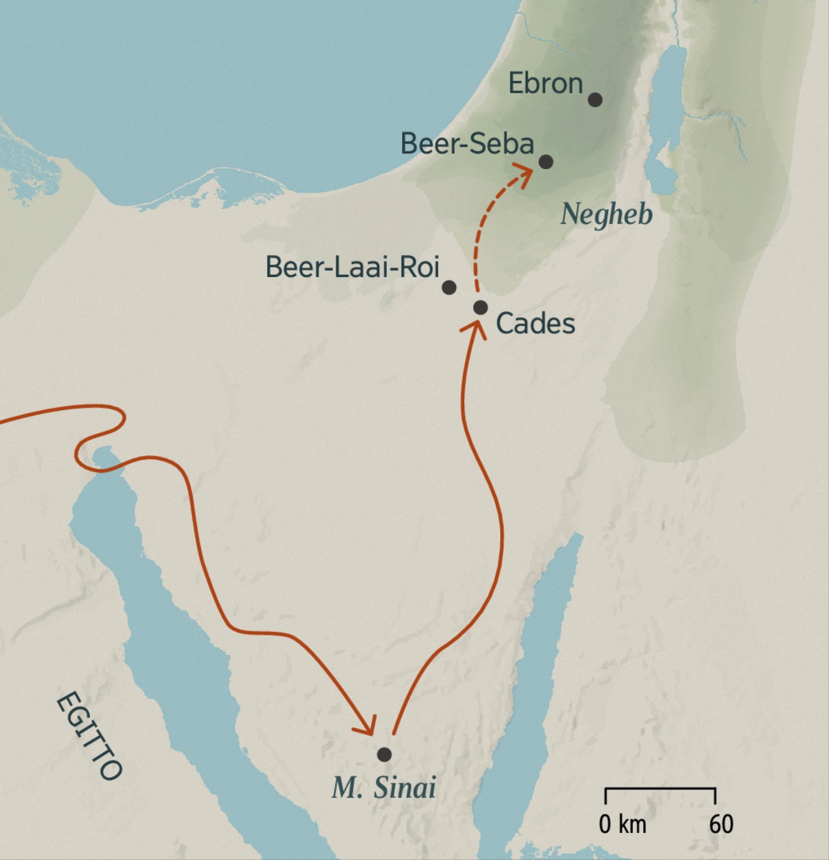 Cartina che mostra il lungo viaggio degli israeliti dall’Egitto a Cades passando per il monte Sinai e il viaggio relativamente breve da Cades a Beer-Seba ed Ebron, nella Terra Promessa.