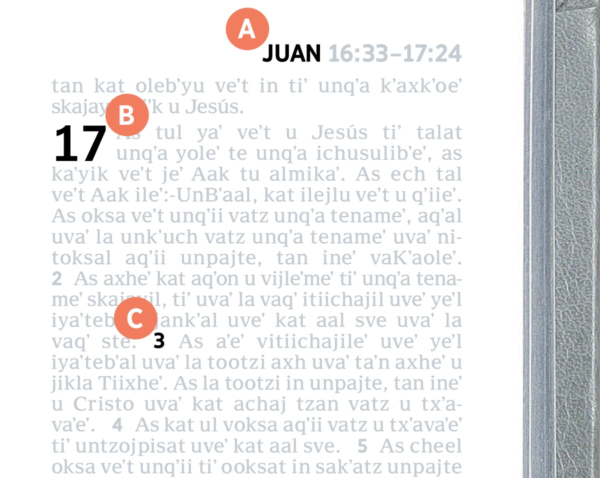 Tzitzaʼ nikʼuchkat uveeʼ veʼ kat qal see tiʼ unqʼa tzʼibʼeʼ A, B tukʼ C tu umaʼl página tu Bibliaeʼ.