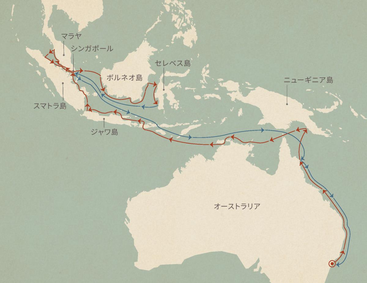 地図上に示されたライトベアラー号の船旅