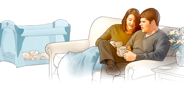 赤ちゃんが寝ている間に一緒に時間を過ごす夫婦
