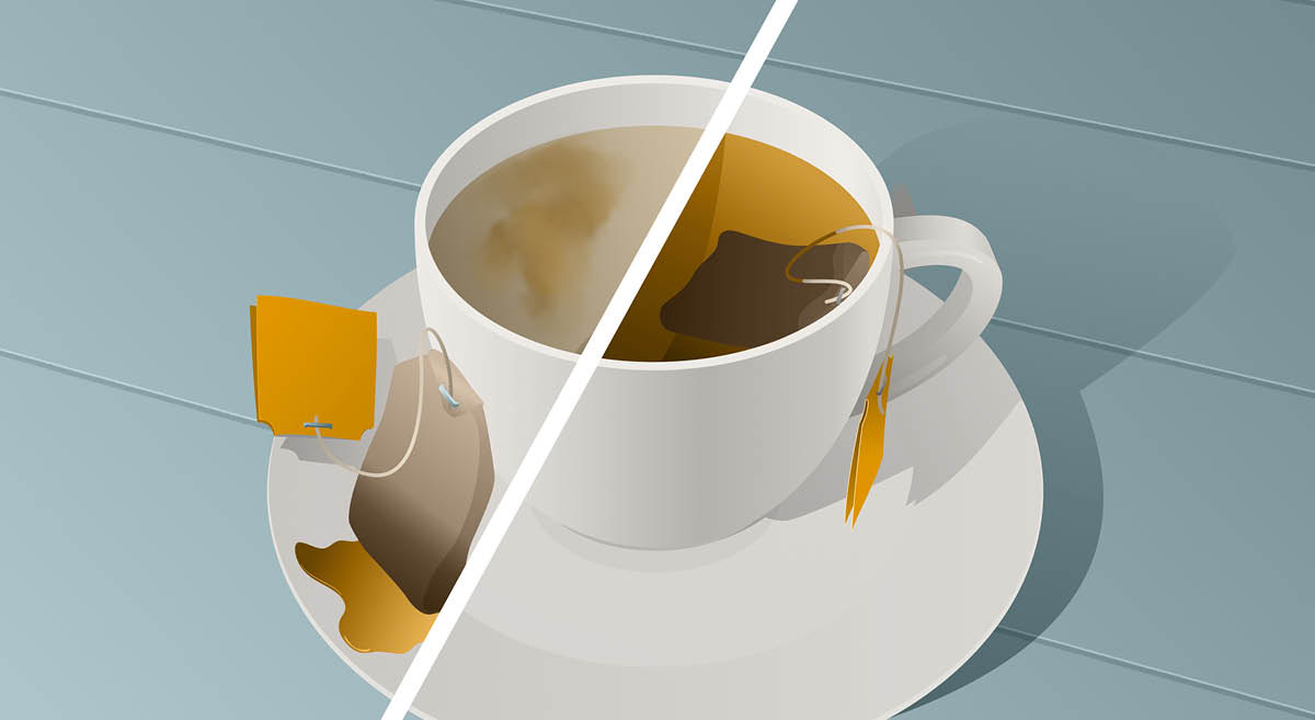 ティーカップの左半分には，ティーバッグをすぐに取り出した薄いお茶が入っている。右半分には，しっかり出した濃いお茶が入っている。