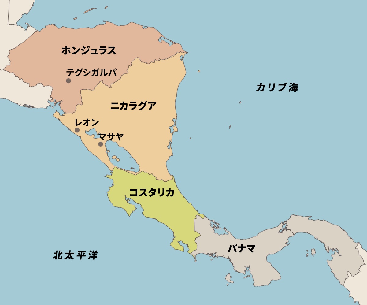 中央アメリカの地図。エルフリーデは，ホンジュラスのテグシガルパ，ニカラグアのレオンとマサヤ，コスタリカ，パナマで伝道した。