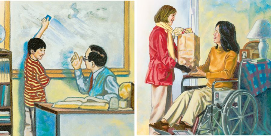 男の子が先生のために黒板をきれいにしている。女の子が車いすの女性のために食料品を持ってきている