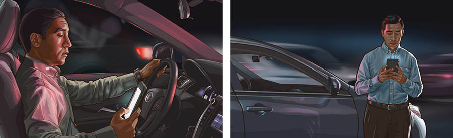 挿絵1: 兄弟が運転中にメールをしている。挿絵2: 同じ兄弟が駐車した車の横に立ってメールをしている。