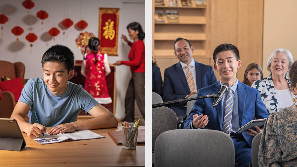 写真1: 若い兄弟が聖書の出版物を研究している。そばでは，エホバの証人でない家族が祝祭日のために部屋を飾り付けている。写真2: 同じ兄弟が集会でコメントしている。