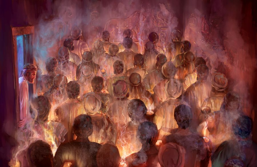 70人の長老たちが壁に彫られた偽の神々の彫刻に香を捧げている。