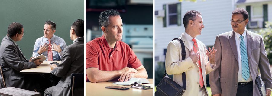 ある兄弟が2人の長老と話している。聖書を読んで黙想している。野外奉仕をしている。