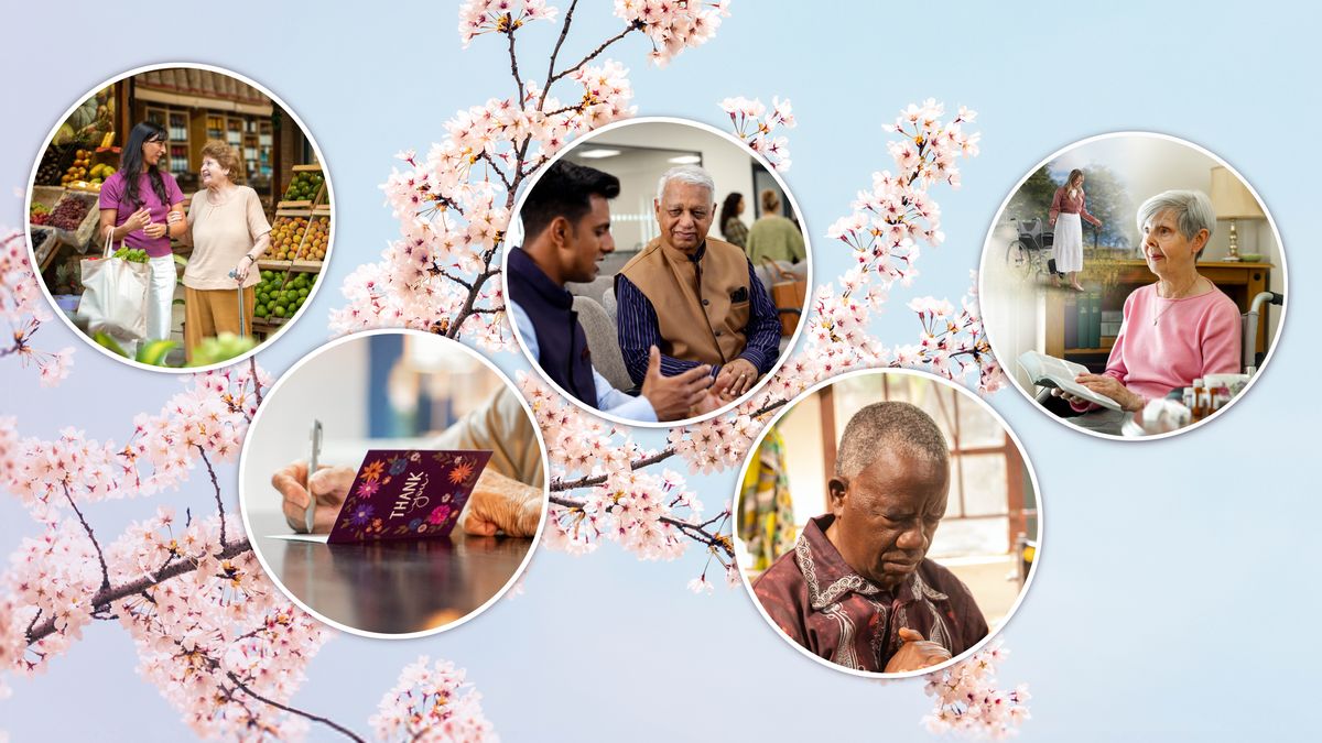 満開の桜の枝と，高齢になっても明るい気持ちを持ち続けている兄弟姉妹の写真が組み合わされている。9節から13節の内容と関係がある。