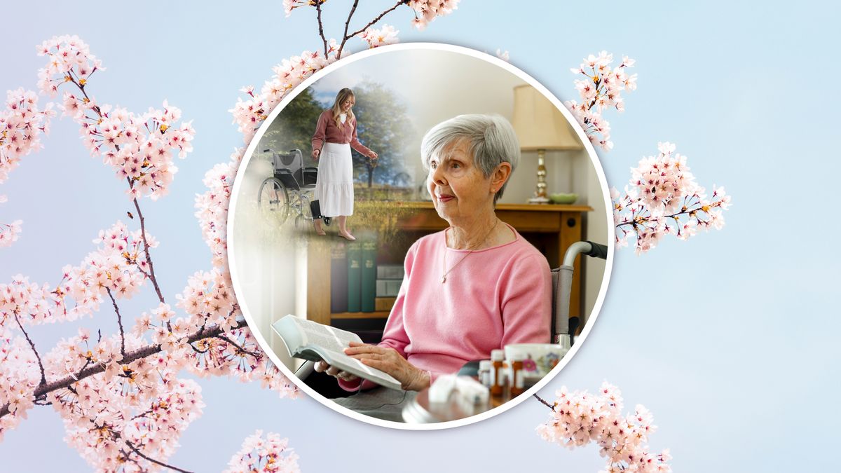 車椅子に座っている高齢の姉妹が聖書を読んでいる。楽園で自分が若返り，車椅子から立ち上がっているところを思い描いている。