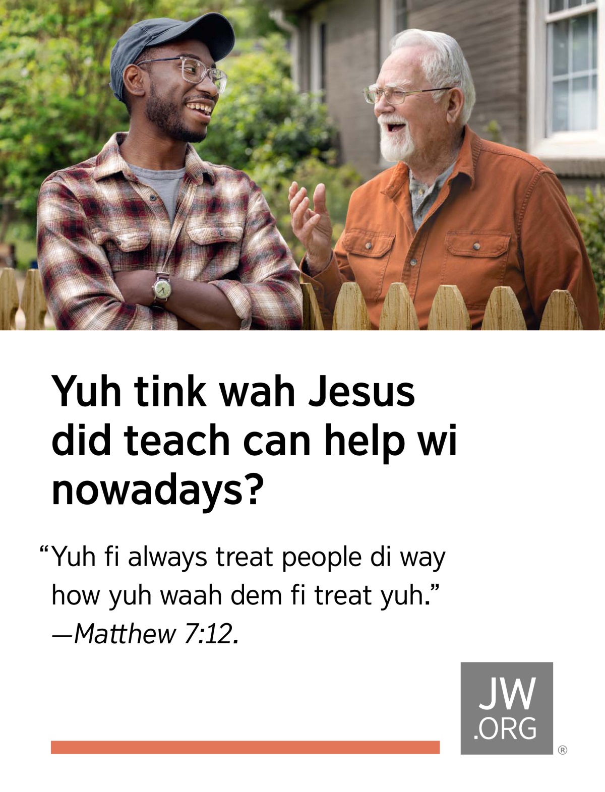 Two neighbor tan up a one fence weh deh between dem yaad an a talk.