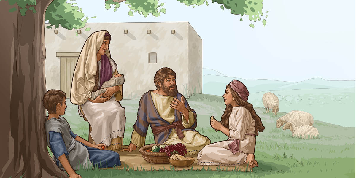 Wan fambili iina Izrel sidong anda wan chrii a laaf an taak. Som shiip de saida dem a nyam graas.