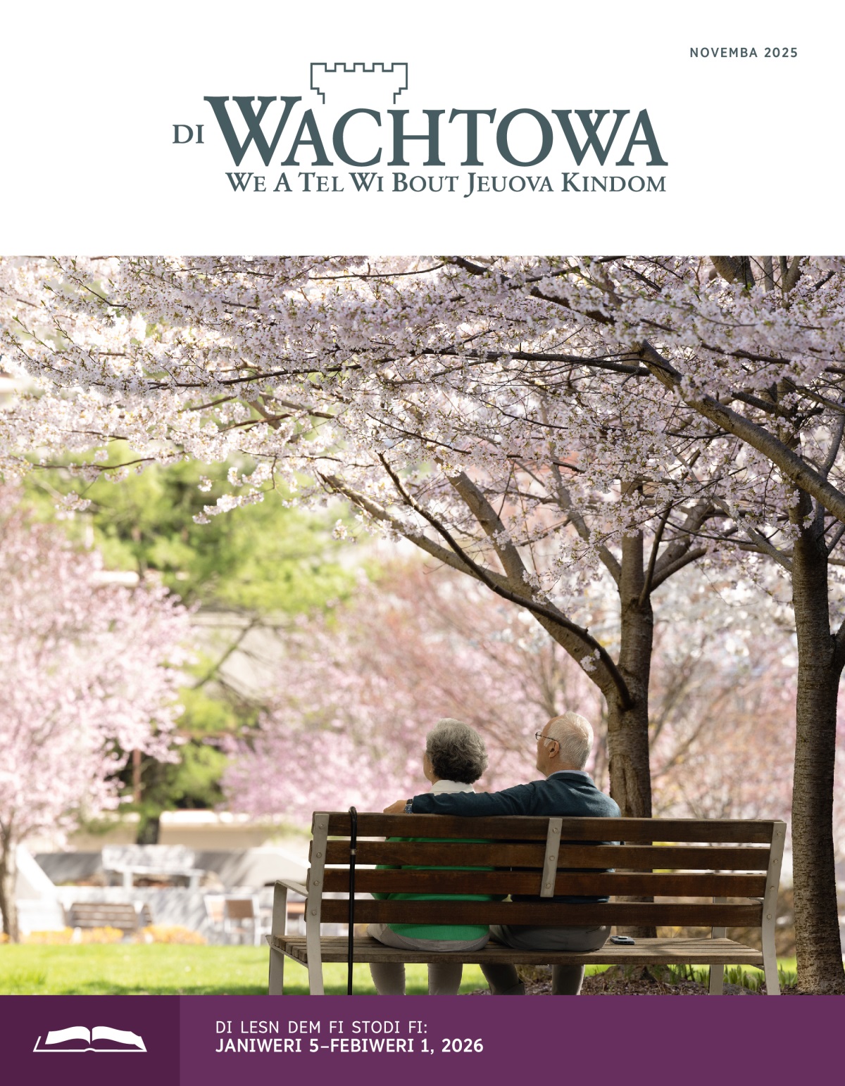 Wan ozban an waif we op iina iej sidong outa duor pan wan bench an som cheri blasom chrii de roun dem.