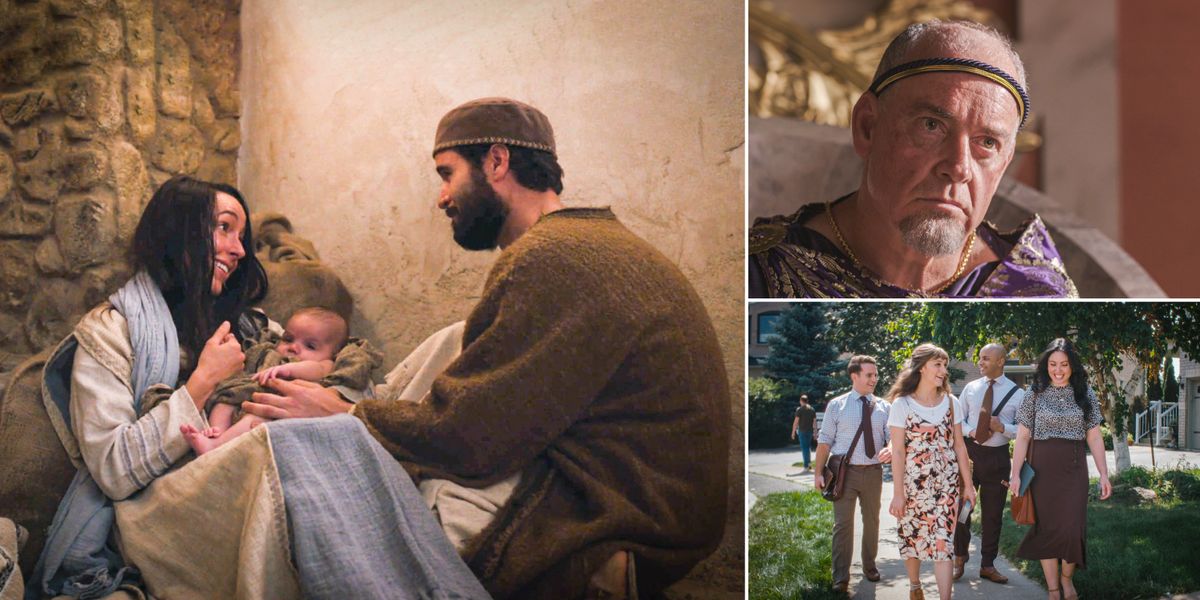 Collage: Highlights of Saturday’s program. 1. Joseph and Mary with baby Jesus. 2. King Herod. 3. Two Witness couples in the field ministry.