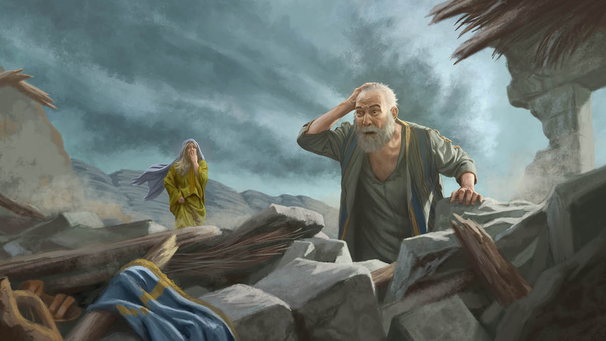 [Imagen de la página 22]Job y su esposa ante las ruinas de la casa donde murieron sus hijos cuando un viento fuerte la golpeó. No pueden creer lo que ha ocurrido.