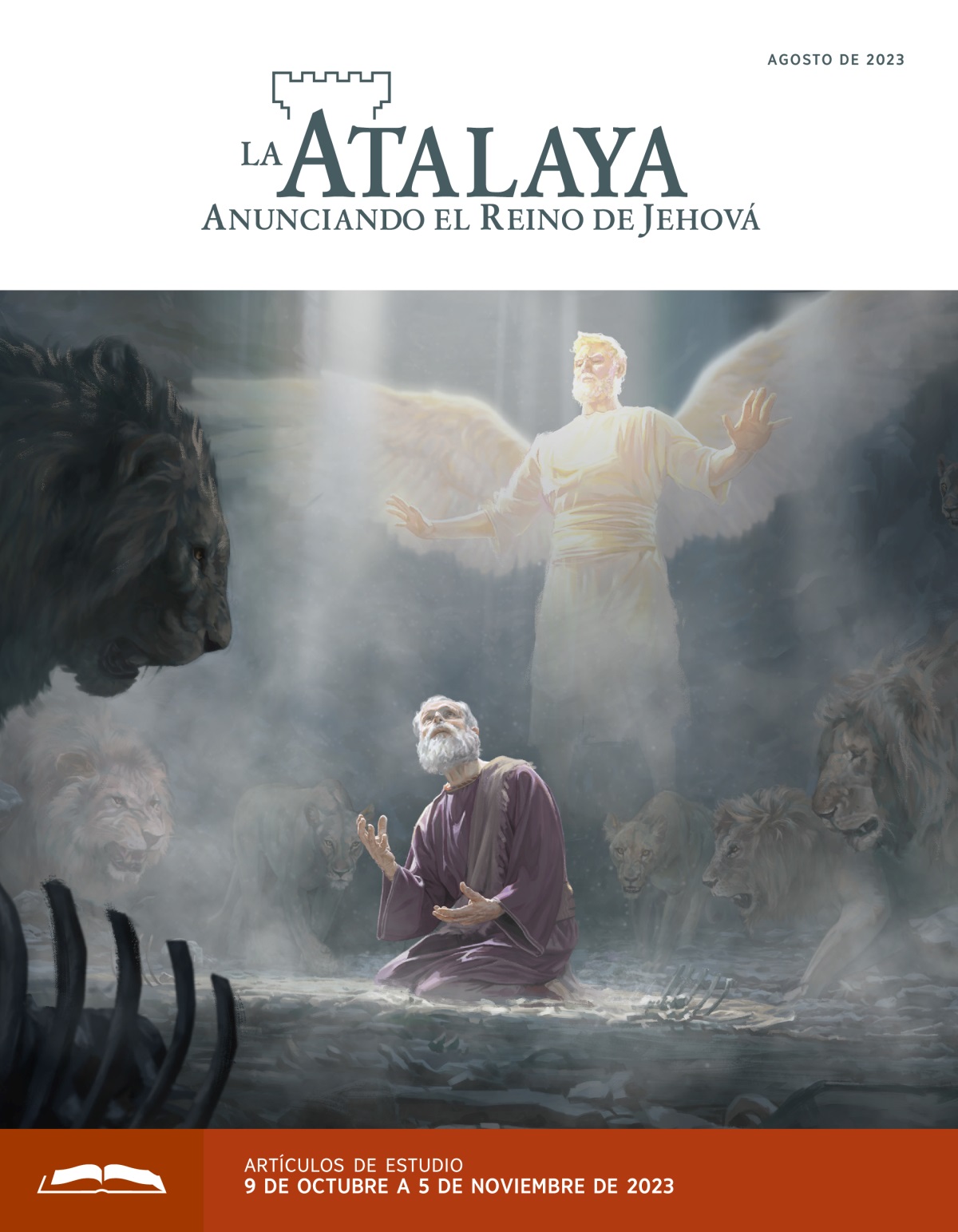 El profeta Daniel rodeado de leones en un foso; está mirando al cielo. Detrás de él, un ángel que está suspendido en el aire lo está protegiendo.