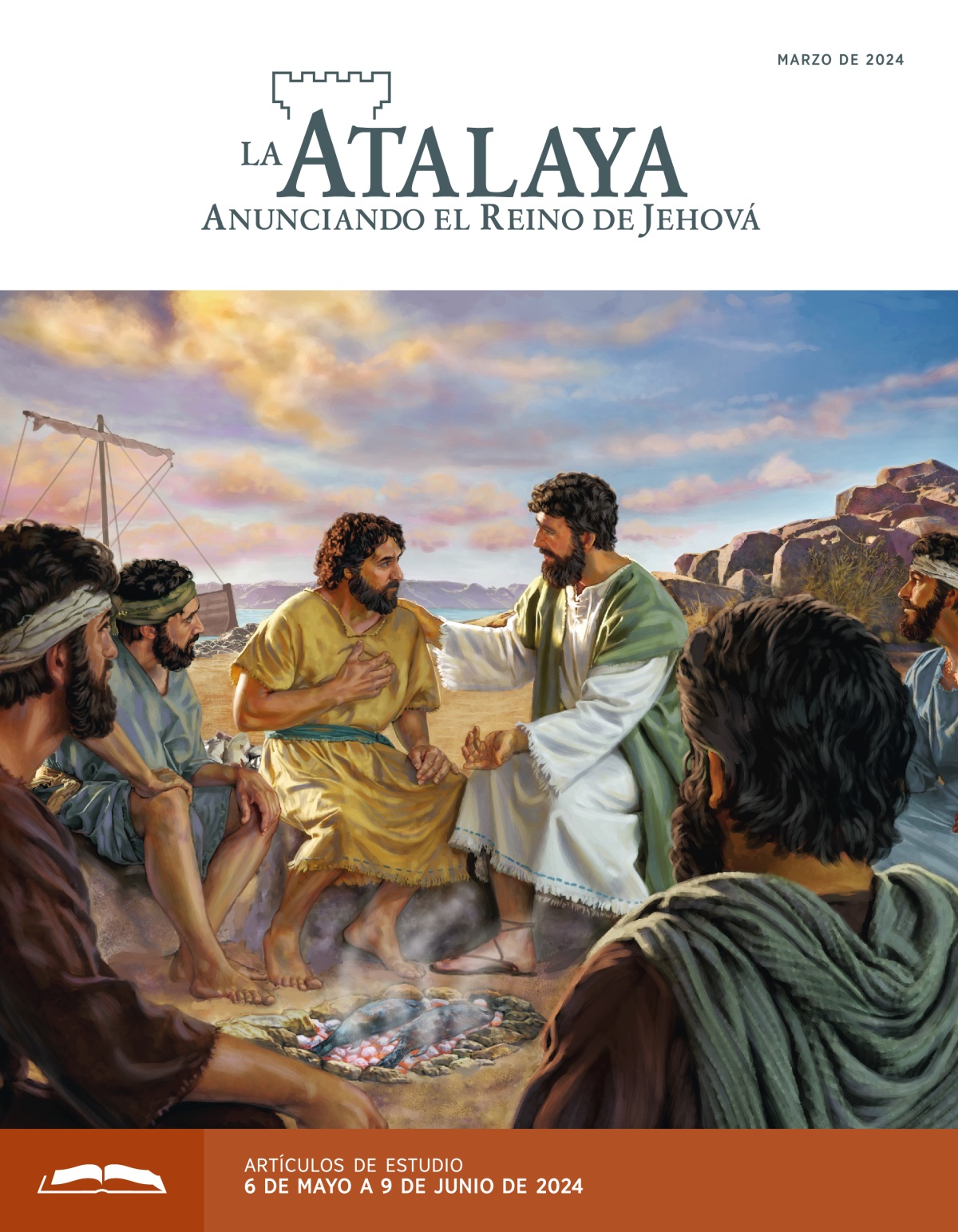 Jesús hablando con Pedro junto a unas brasas sobre las que se están cocinando unos pescados. Otros apóstoles escuchan con interés la conversación.
