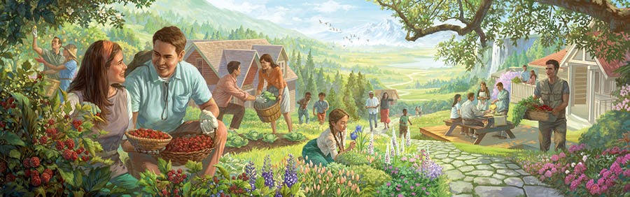 人々が楽園での生活を楽しんでいる。