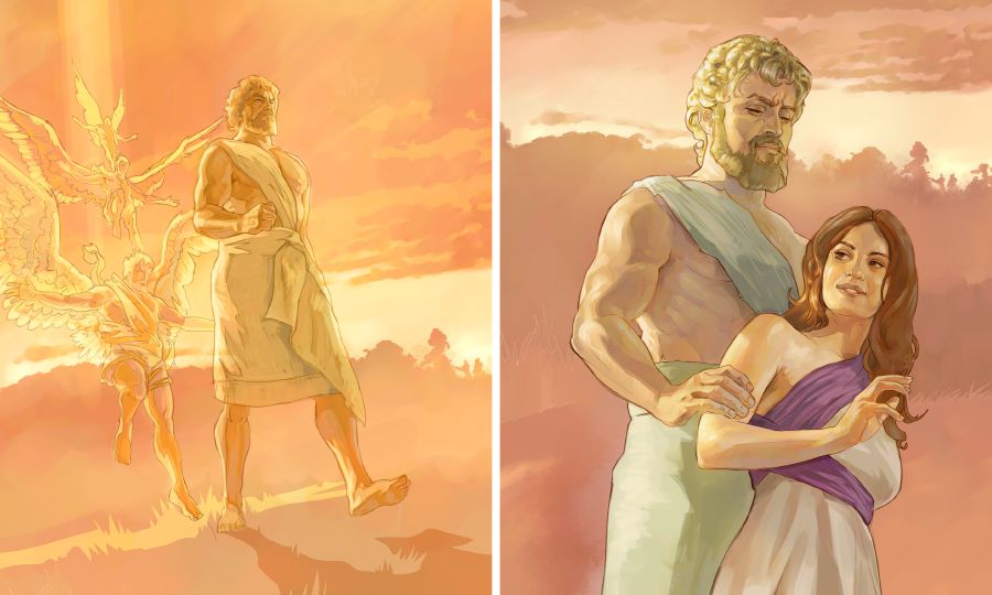 人間の姿になった悪い天使が女の人と一緒にいる。