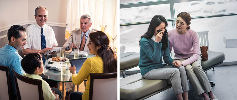 エホバに倣う兄弟姉妹。写真1: 2人の長老がある家族を訪問し，聖書から励ましている。写真2: ある姉妹が，泣いている姉妹を慰めている。