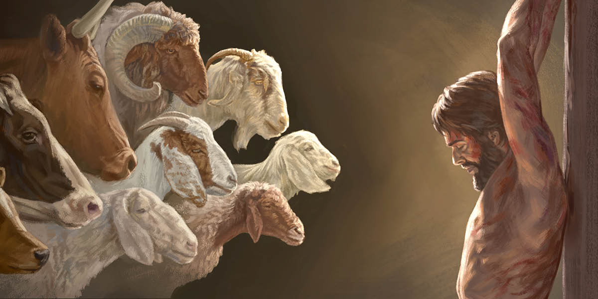 挿し絵1: 犠牲として捧げられる牛，羊，ヤギ。挿し絵2: 苦しみの杭に掛けられたイエス。