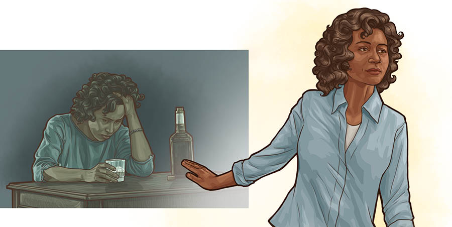 1人の女性が，お酒を飲み過ぎていた以前の生き方をきっぱりと捨て去っているところ。