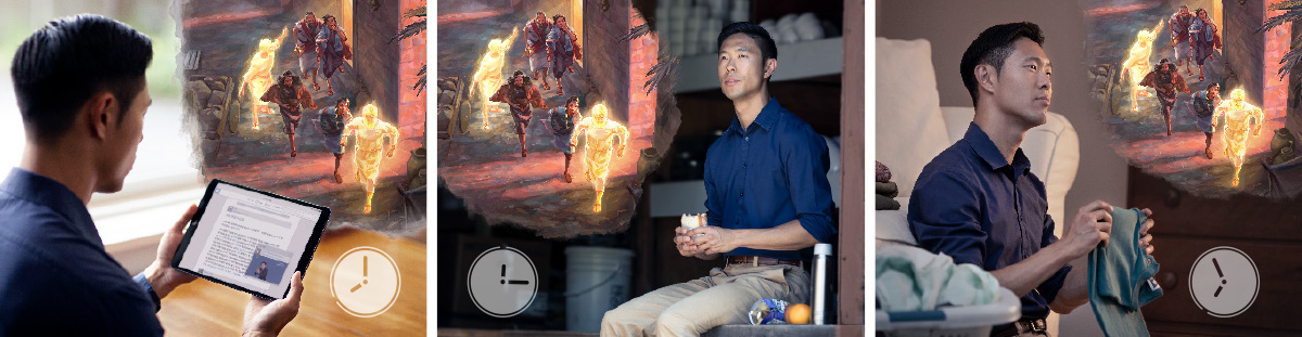 ある兄弟が「聖書を毎日調べる」の聖句とコメントを読んで，一日の間に熟考している様子。1: 聖句とコメントを読みながら，天使がロトと家族の手をつかんでソドムから連れ出そうとしている様子をイメージしている。2: 職場でランチを食べながら，朝読んだ内容を思い巡らしている。3: 夜に自宅で洗濯物を畳みながら，朝読んだことを黙想している。