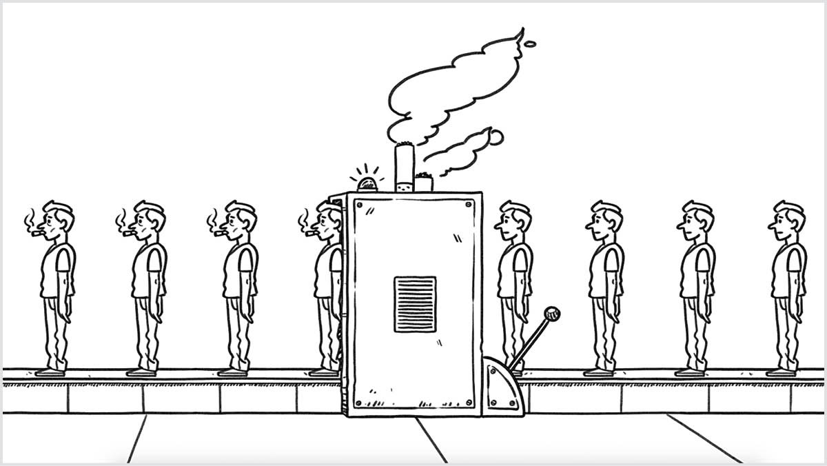 「煙と一緒に消えないで！」の動画のワンシーン。工場のラインで，たばこを吸う人の人形が大量生産されている。