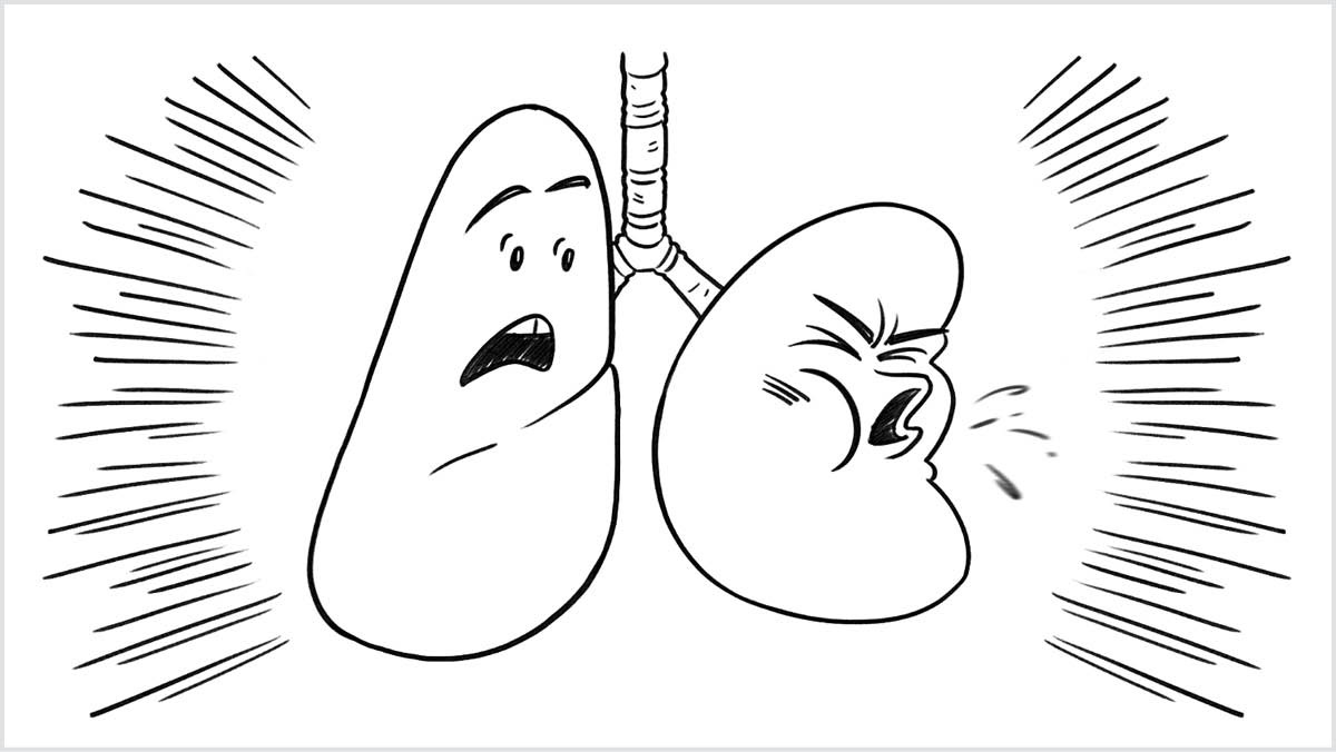 「煙と一緒に消えないで！」の動画のワンシーン。喫煙者の肺が激しくせきをしている。