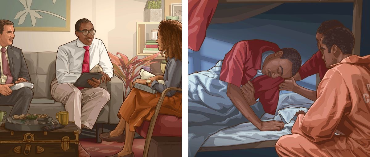 「エホバの揺るぎない愛の行いについてじっくり考える」の動画に基づく挿絵。1. キャプラ兄弟がもう1人の兄弟と一緒に姉妹の家を訪問している。2. 他の兄弟たちと監房にいるキャプラ兄弟が，体調を崩して横になっている兄弟に食べ物をあげている。