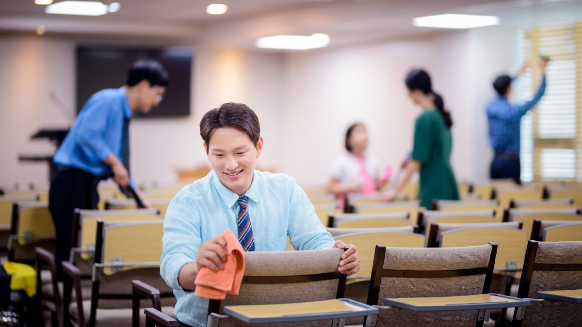 兄弟姉妹が王国会館を清掃している。