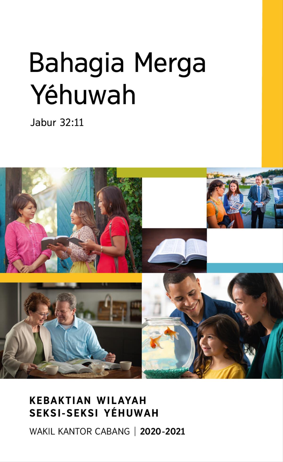 Gambar: 1. Keluarga bahagia ndelok iwak ing akuarium. 2. Seksi Yéhuwah loro ngrembug ayat Alkitab karo wong wédok ing omahé. 3. Wong bebojoan sinau Alkitab nganggo buku. 4. Alkitab sing dibukak. 5. Para sedulur nduduhké vidéo karo wong wédok ing panggonan umum.