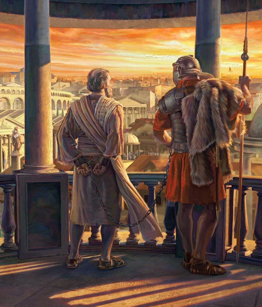 Paulus ndeloki kutha Romawi saka balkon. Tangané Paulus diranté ing tangané prajurit.