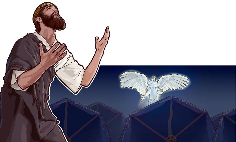 Hizkia ndonga lan ana malaékat sing nyekel pedhang