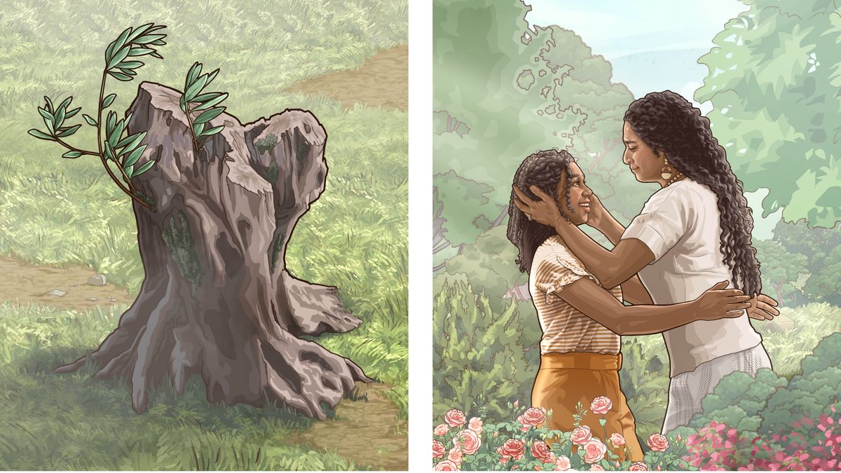 Gambar: 1. Bonggol wit sing metu godhongé. 2. Ibu meluk anaké wédok sing wis diuripké manèh ing Firdaus.