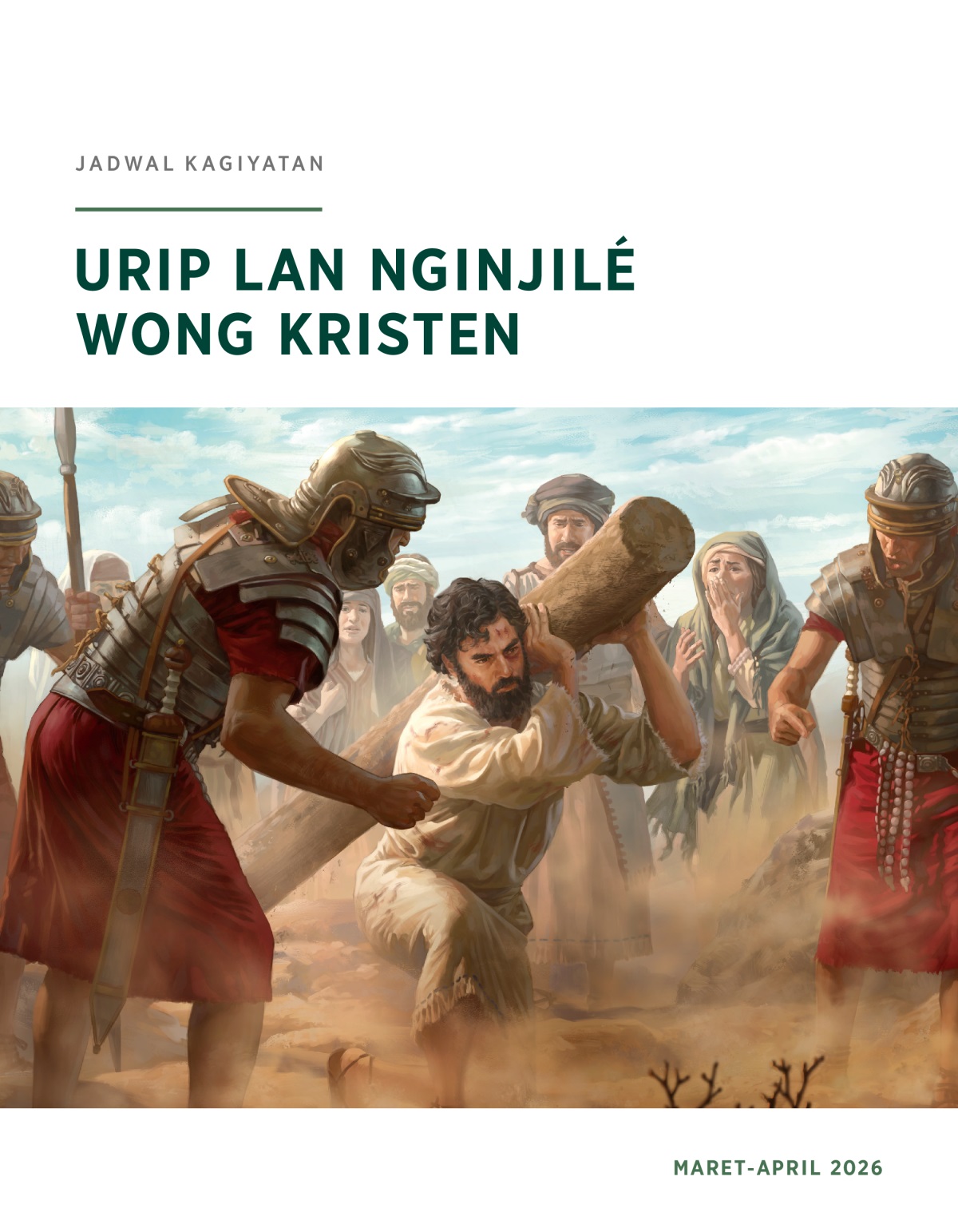 Yésus nggawa cagak hukuman. Ana tentara Romawi sing mbengoki Yésus. Wong-wong Yahudi kétok sedhih wektu ndeloki Yésus.